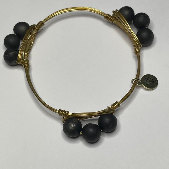 BOURBON & BOWETIES gold tone bracelet bangle 3 black beads jewelry wire wrapped - Picture 1 of 9